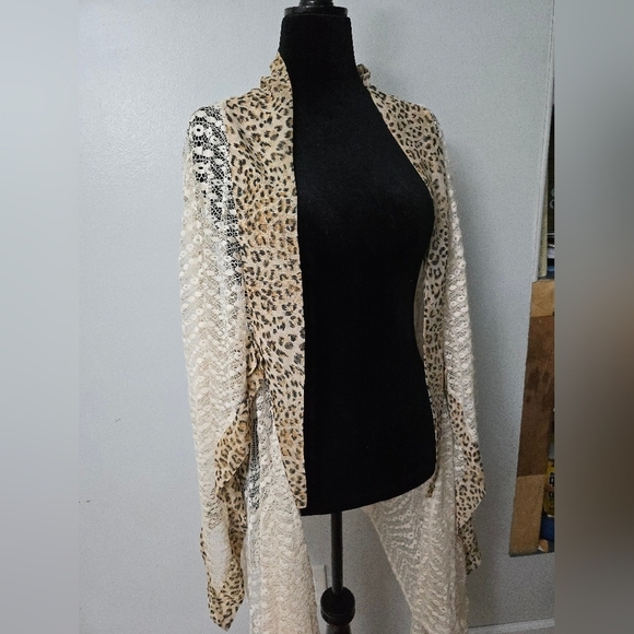 Love Sweaters - L Love Size Large Leopard  Creme Lace Open Front Cardigan